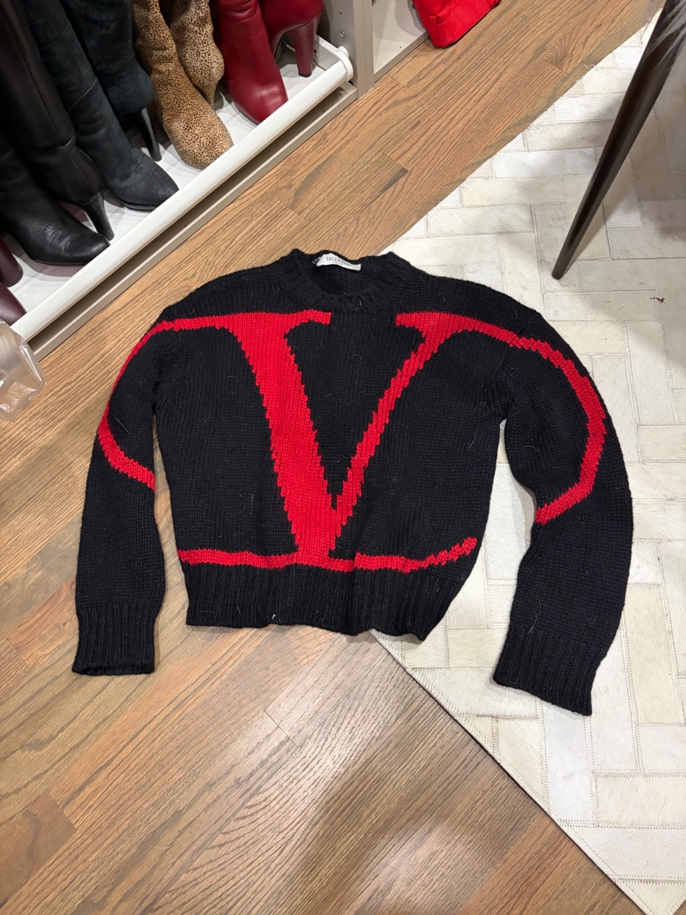 Valentino Garavani Black Crewneck Sweater with Red 'V' Graphic